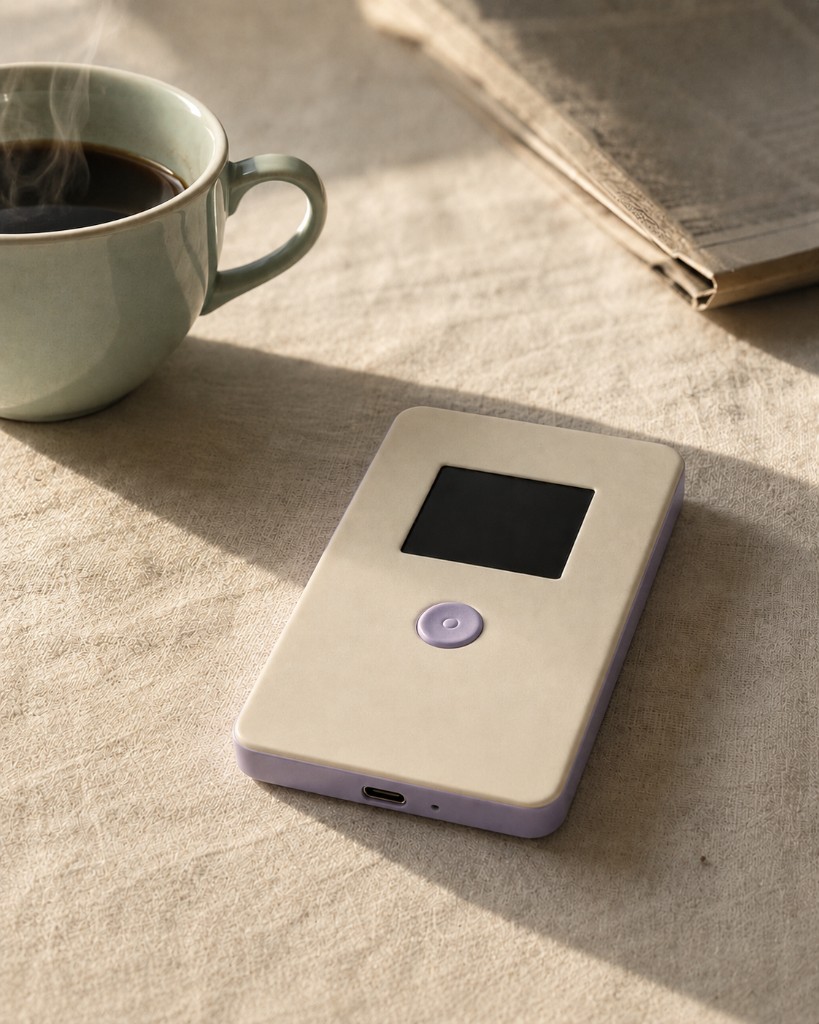 Lavender Lumo on a linen table beside morning coffee