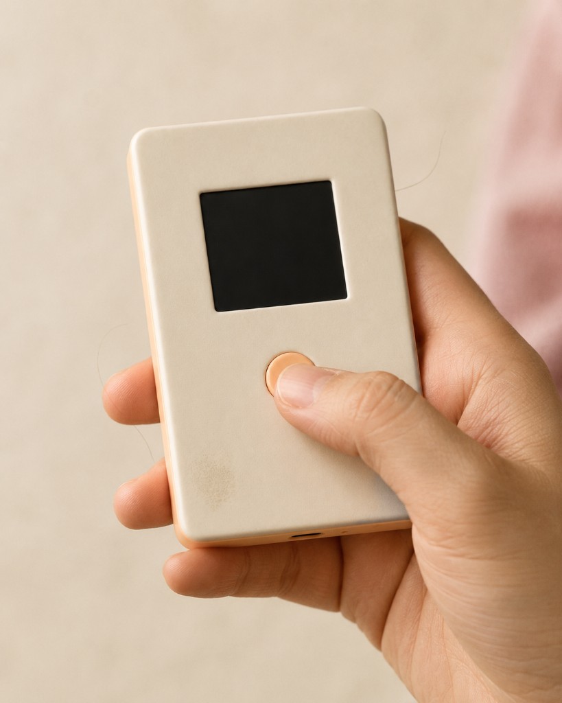 A hand pressing the circular button on a peach Lumo